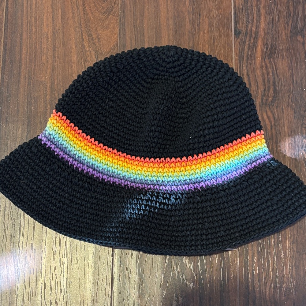 Black Crochet Bucket Hat with Rainbow Stripe